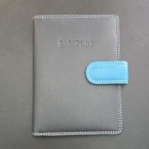 Black Passport Holder with Blue Strap, Real Leather, NWOT